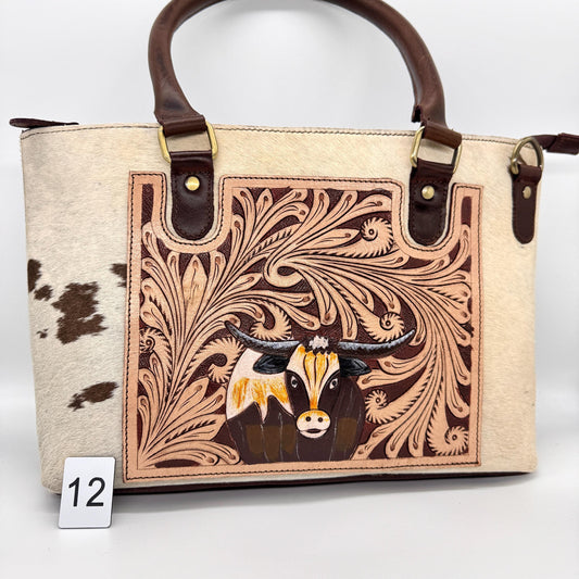 Hand Tooled Longhorn Cowhide Tote Bag - JayKayBoutiqueOnline
