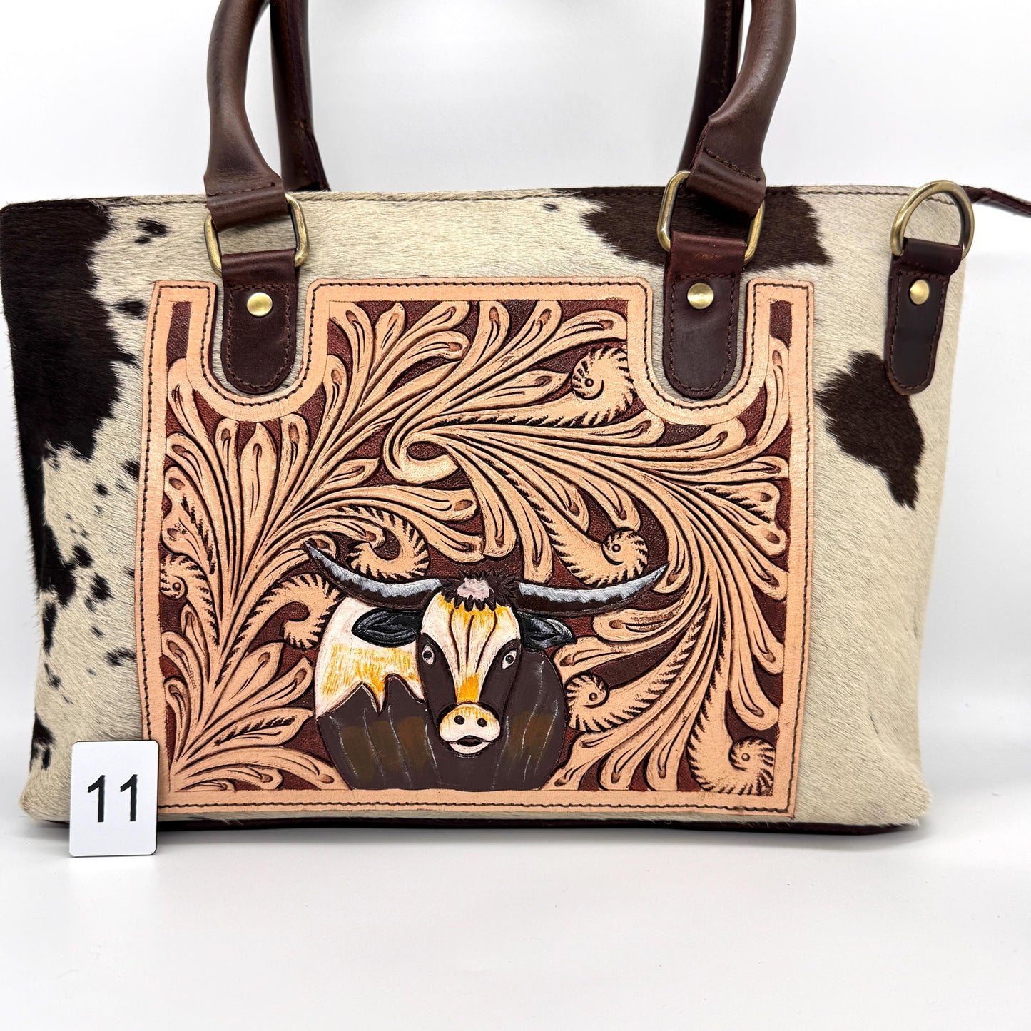 Leather Tote Bag with Hand Carved Longhorn Cow - JayKayBoutiqueOnline
