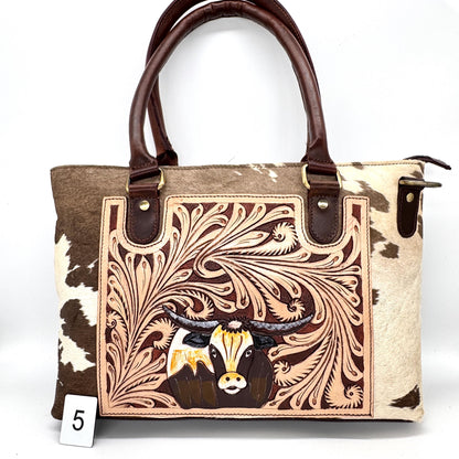 Leather Tote Bag with Hand Carved Longhorn Cow - JayKayBoutiqueOnline