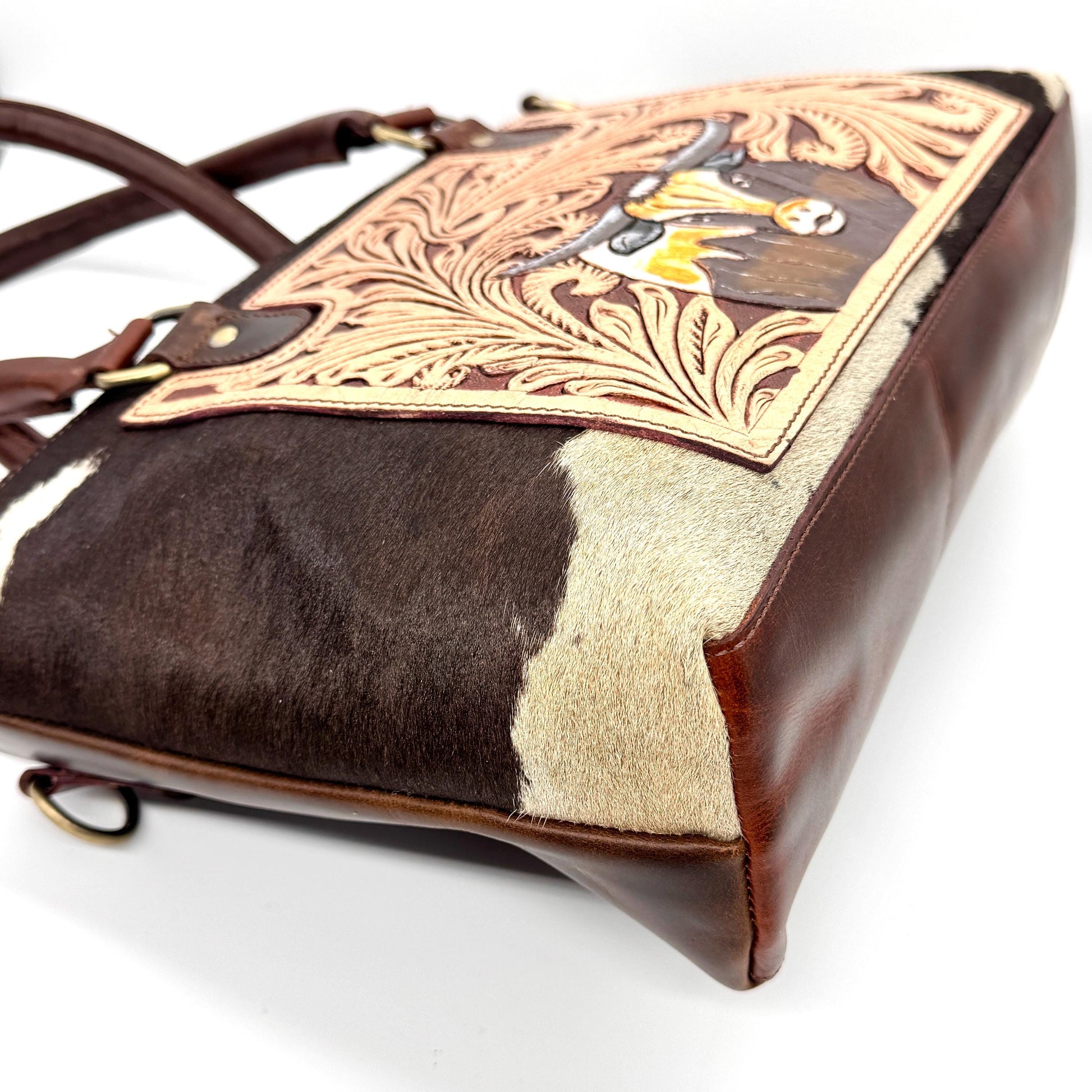 Leather Tote Bag with Hand Carved Longhorn Cow - JayKayBoutiqueOnline