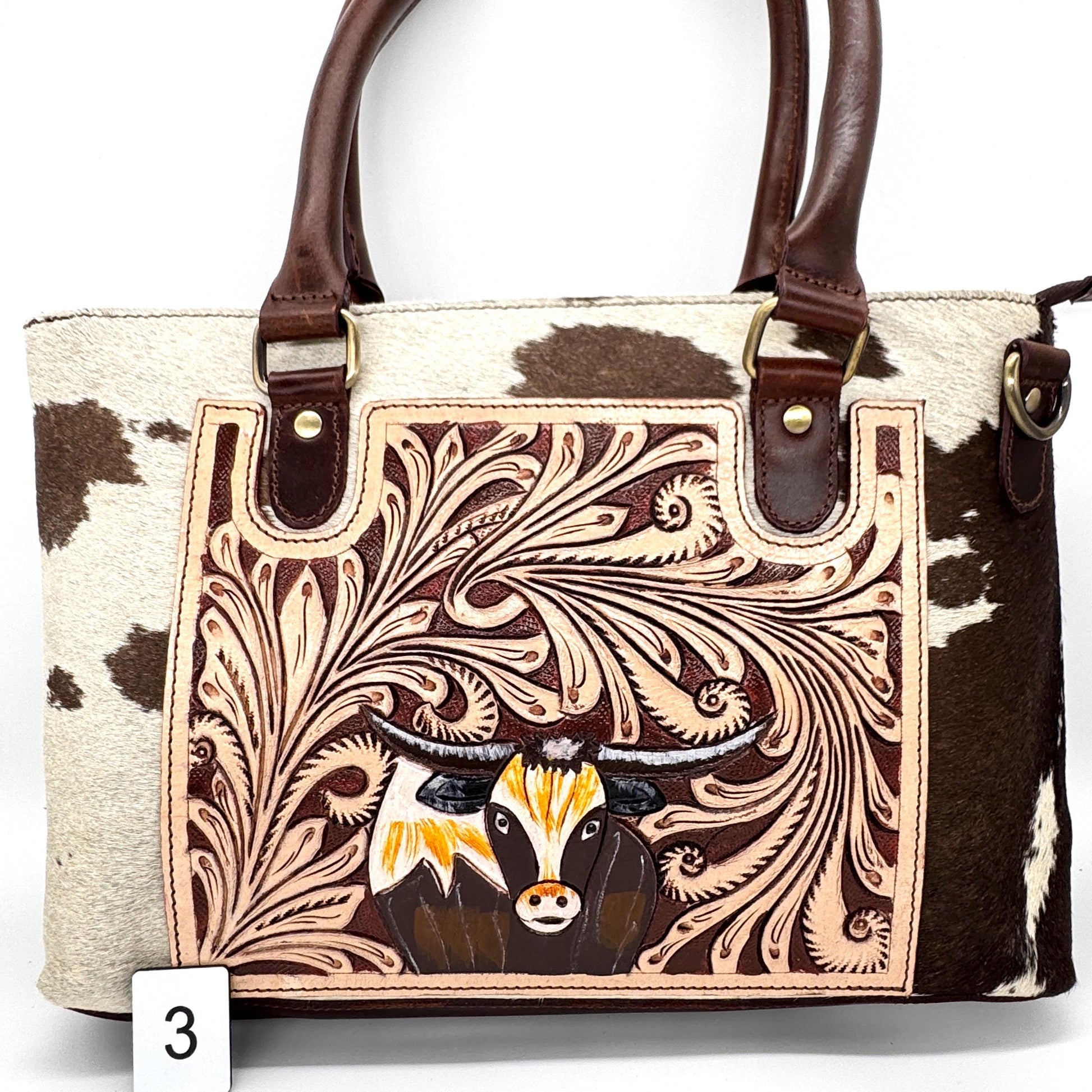 Leather Tote Bag with Hand Carved Longhorn Cow - JayKayBoutiqueOnline