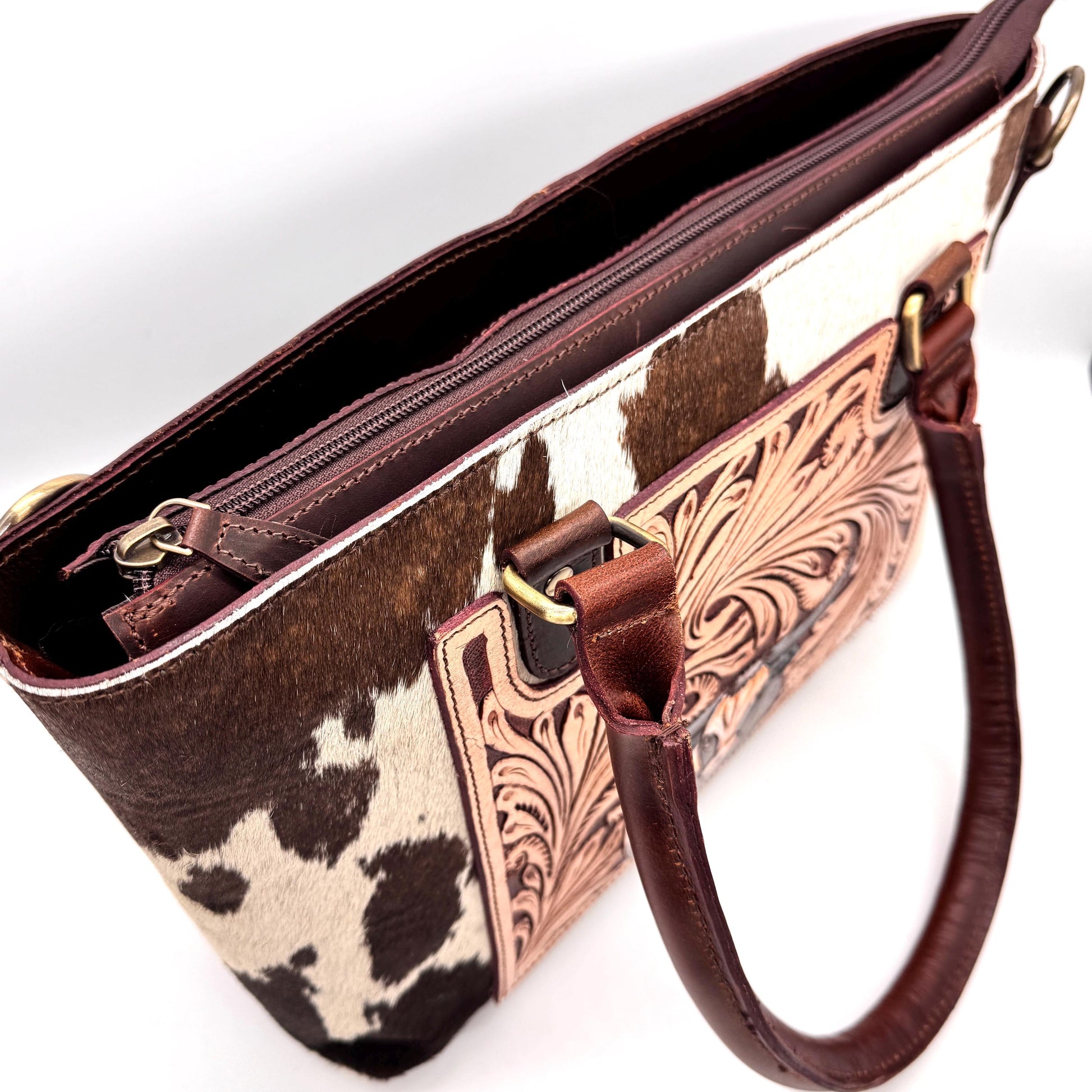 Leather Tote Bag with Hand Carved Longhorn Cow - JayKayBoutiqueOnline