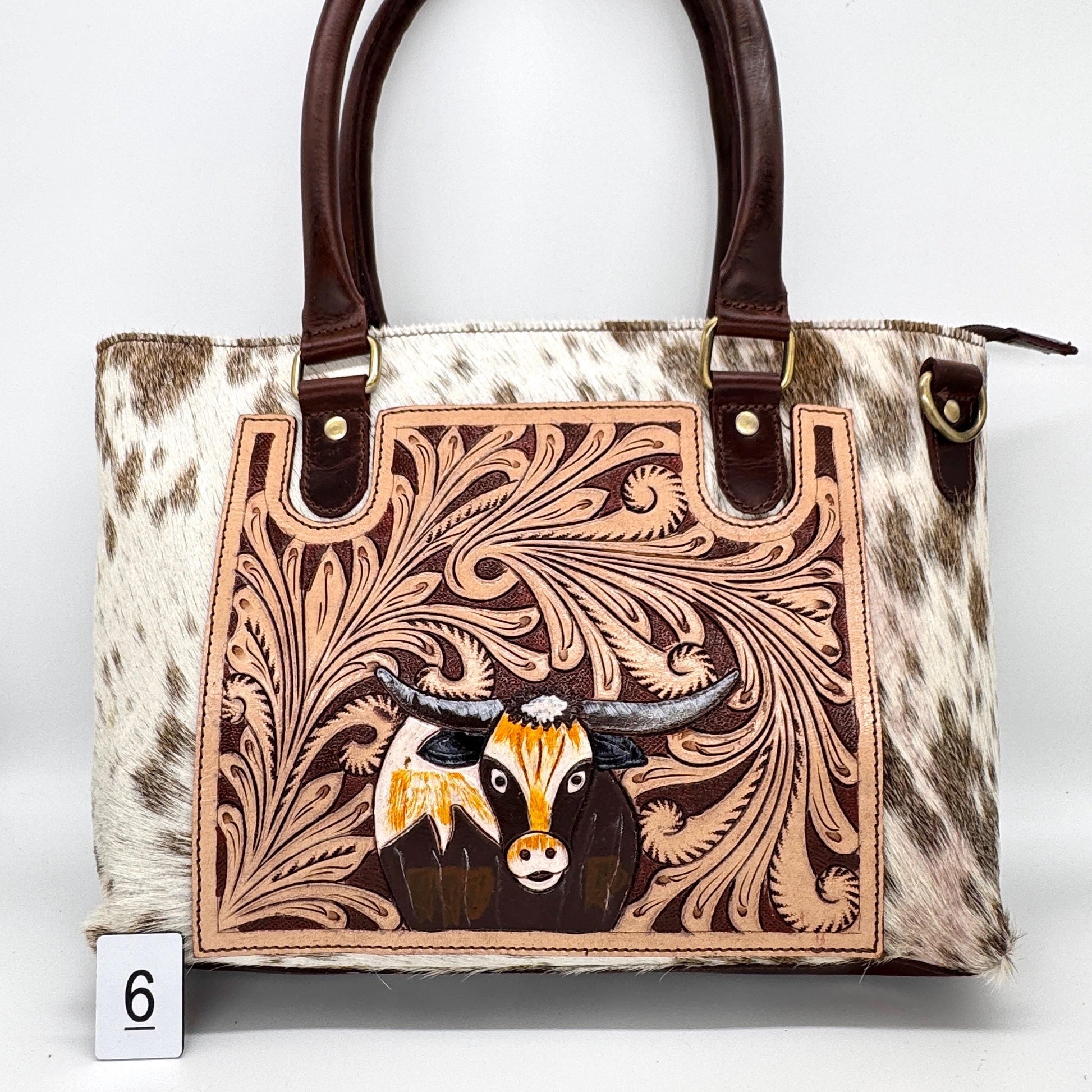 Leather Tote Bag with Hand Carved Longhorn Cow - JayKayBoutiqueOnline