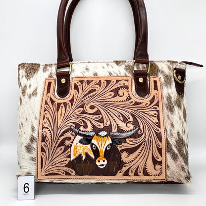 Leather Tote Bag with Hand Carved Longhorn Cow - JayKayBoutiqueOnline