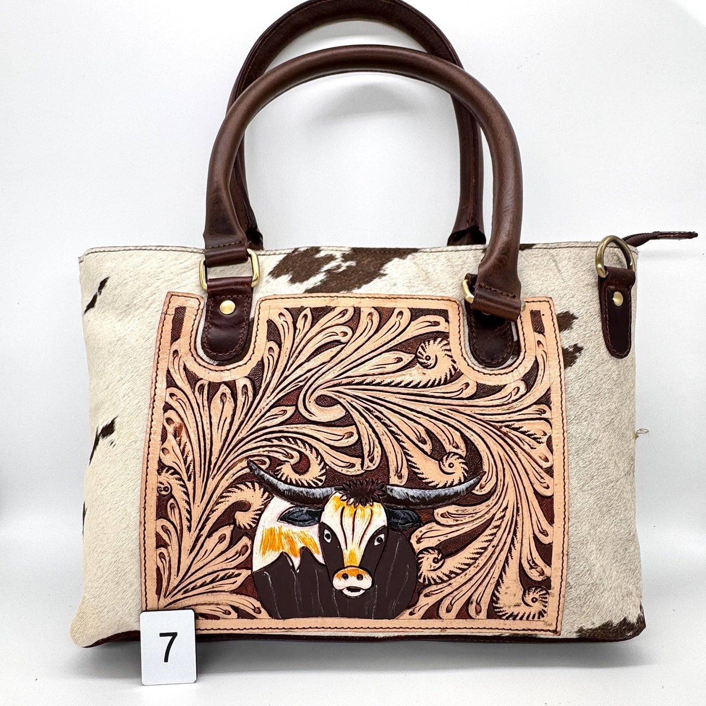 Leather Tote Bag with Hand Carved Longhorn Cow - JayKayBoutiqueOnline