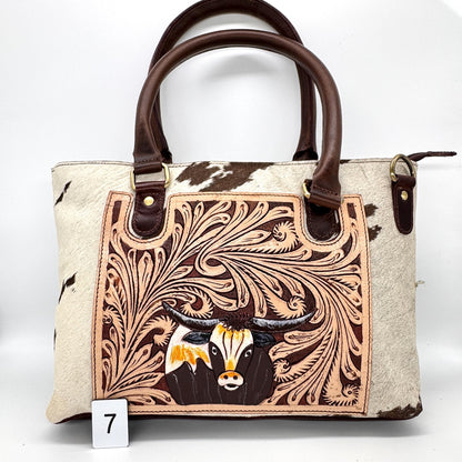 Leather Tote Bag with Hand Carved Longhorn Cow - JayKayBoutiqueOnline
