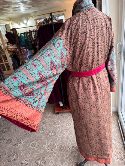 Reversible Recycled Saree and Velvet Robe House Coat - JayKayBoutiqueOnline