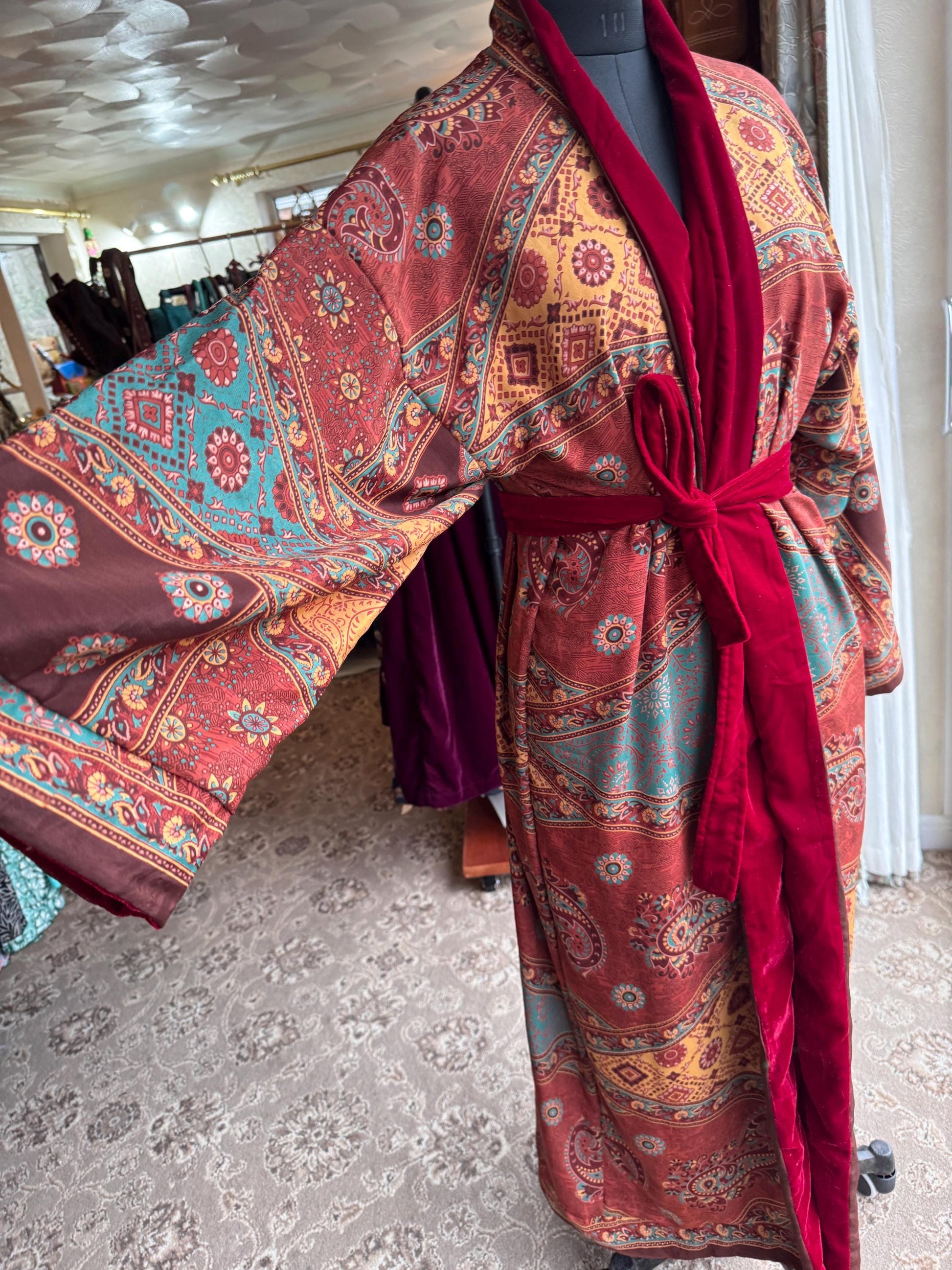 Reversible Recycled Saree and Velvet Robe House Coat - JayKayBoutiqueOnline