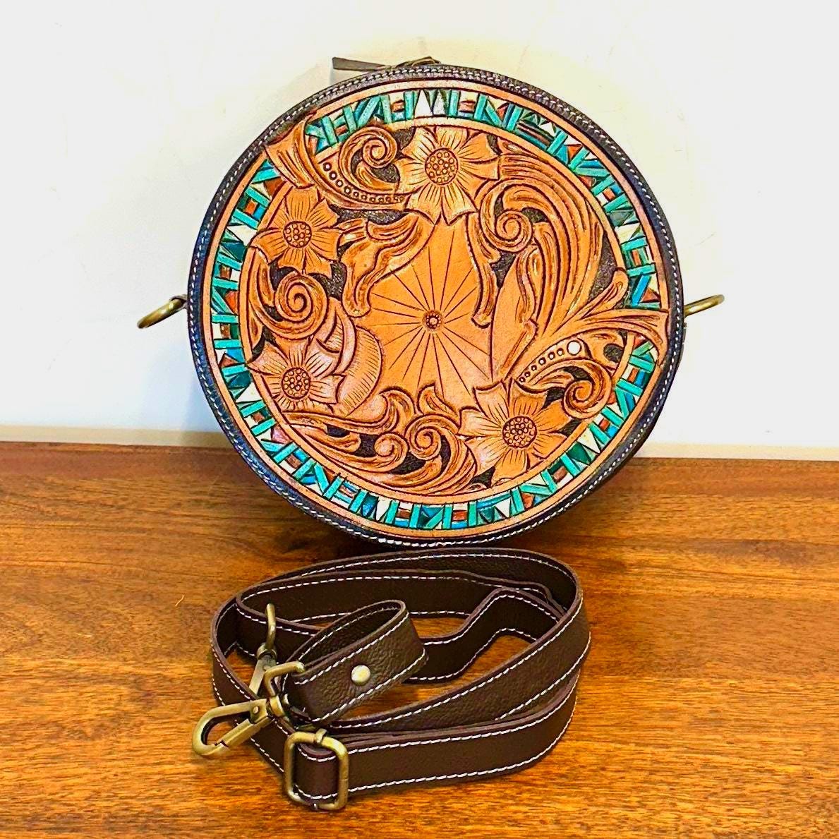 Hand Tooled Leather Round Shoulder Bag - JayKayBoutiqueOnline