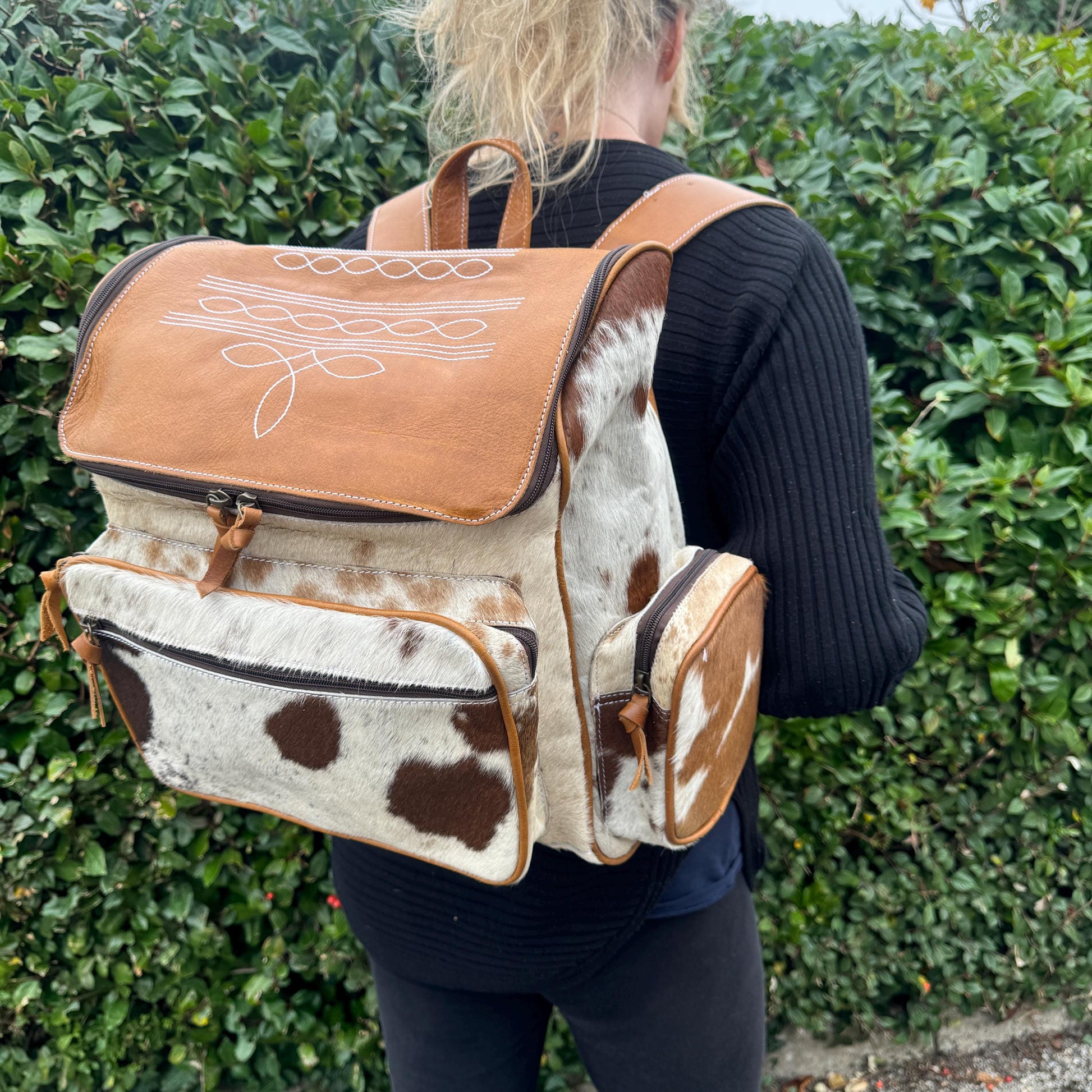 custom leather backpack western Handmade Leather & Cowhide Backpack: Western Style Travel Bag – JayKay Boutique