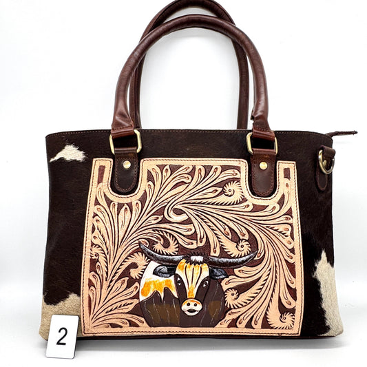Leather Tote Bag with Hand Carved Longhorn Cow - JayKayBoutiqueOnline