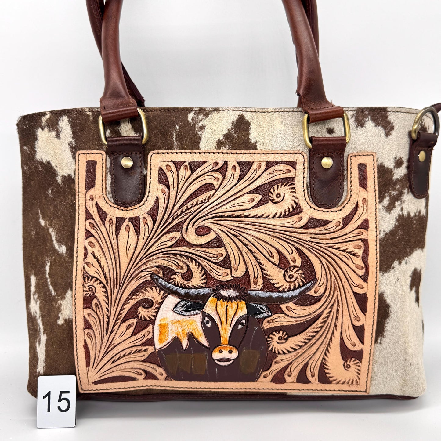 Leather Tote Bag with Hand Carved Longhorn Cow - JayKayBoutiqueOnline