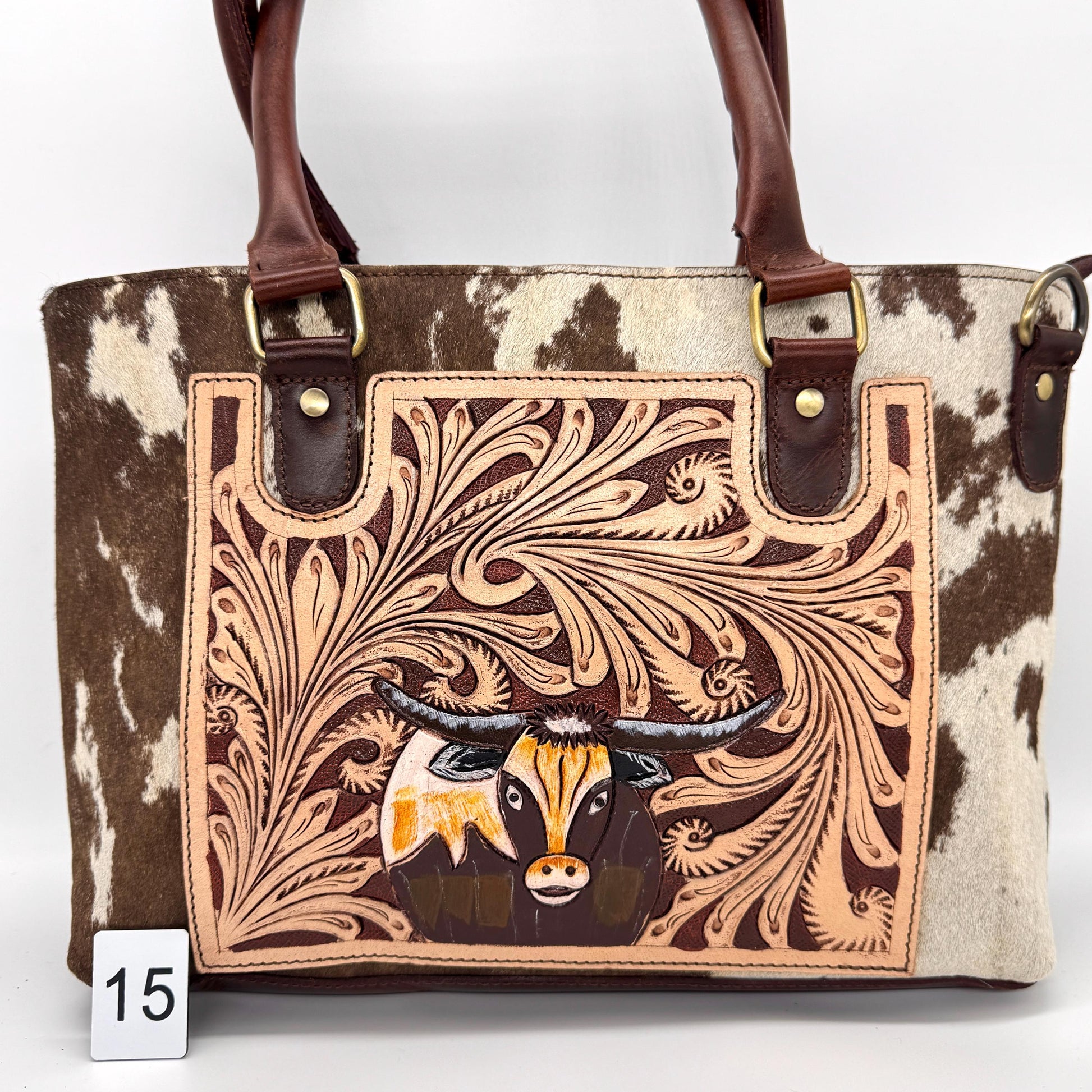 Leather Tote Bag with Hand Carved Longhorn Cow - JayKayBoutiqueOnline