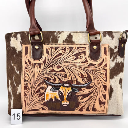 Leather Tote Bag with Hand Carved Longhorn Cow - JayKayBoutiqueOnline