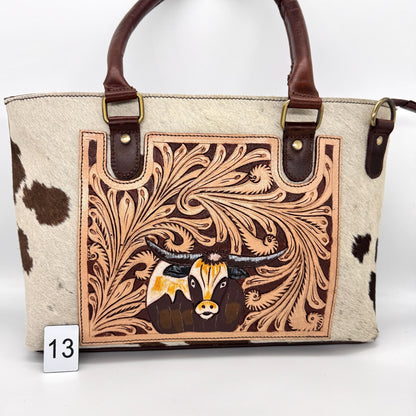 Leather Tote Bag with Hand Carved Longhorn Cow - JayKayBoutiqueOnline