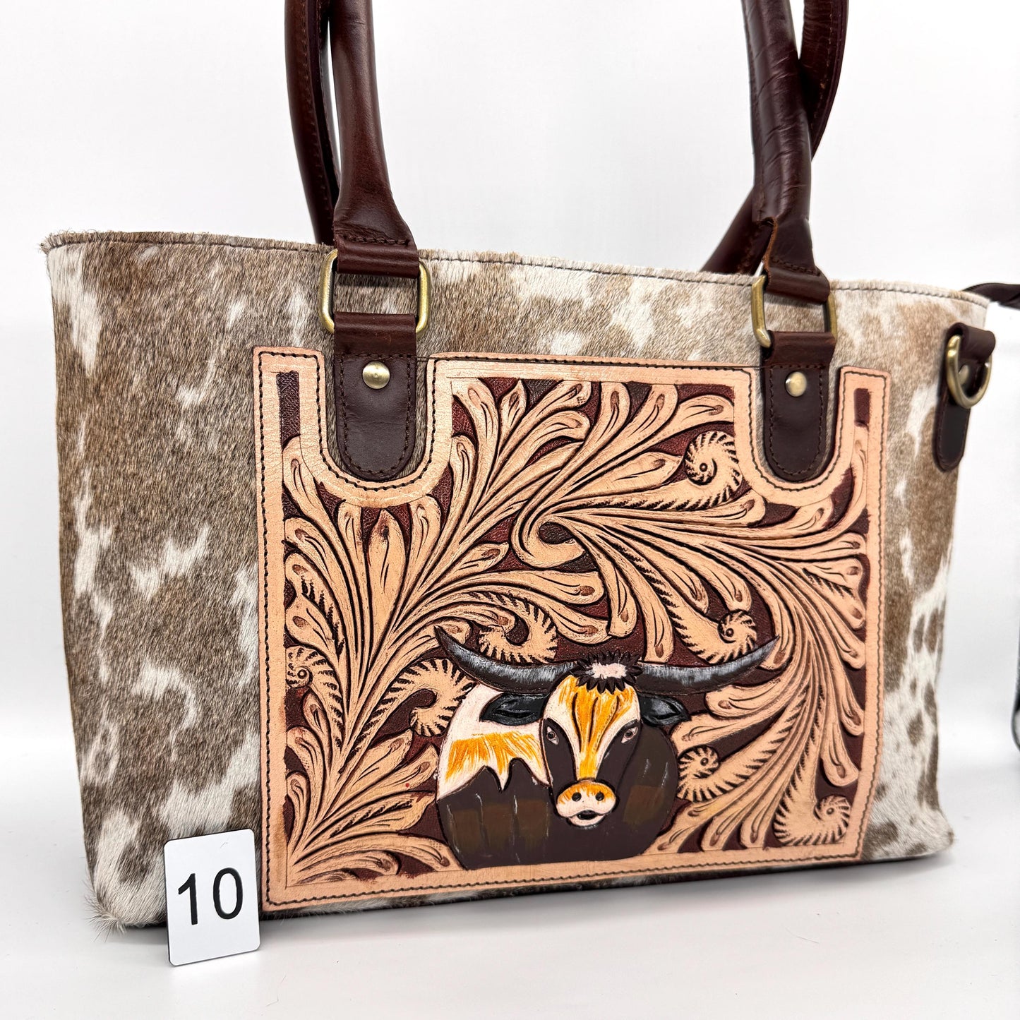 Leather Tote Bag with Hand Carved Longhorn Cow - JayKayBoutiqueOnline