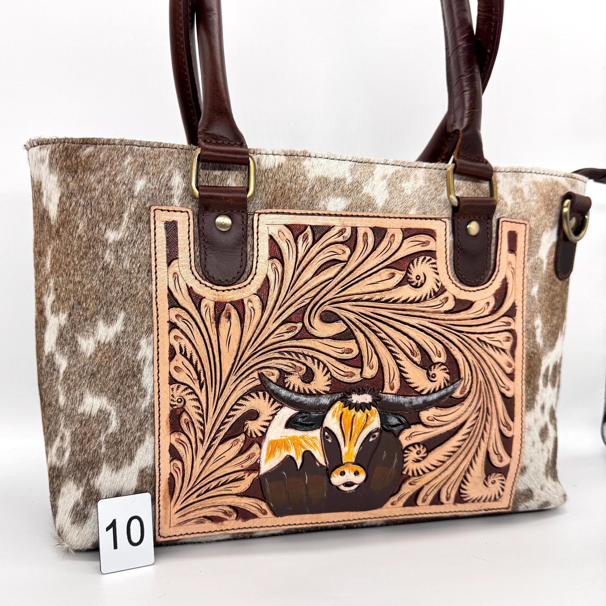 Leather Tote Bag with Hand Carved Longhorn Cow - JayKayBoutiqueOnline