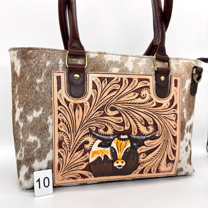 Leather Tote Bag with Hand Carved Longhorn Cow - JayKayBoutiqueOnline