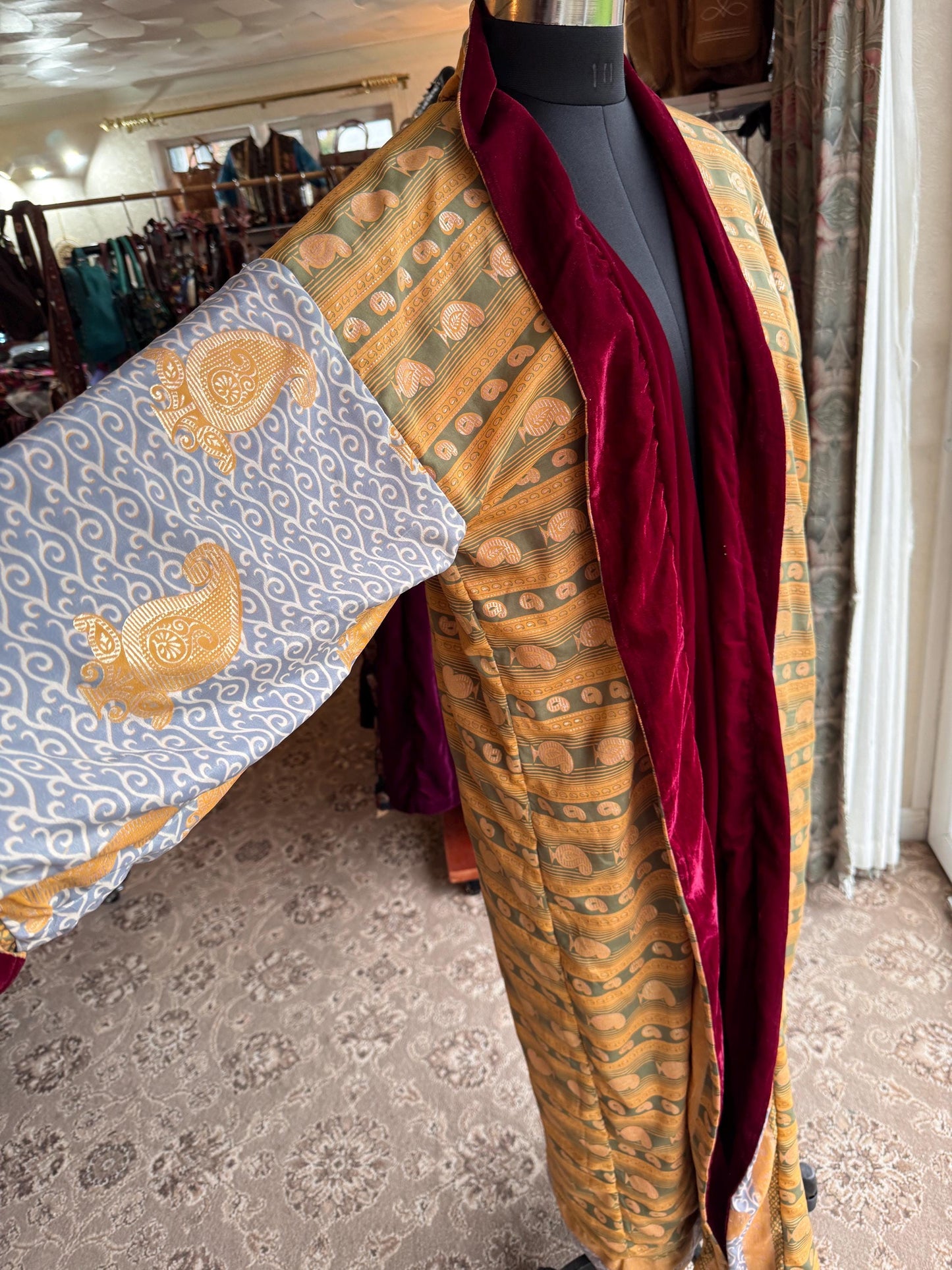 Reversible Recycled Saree and Velvet Robe House Coat - JayKayBoutiqueOnline
