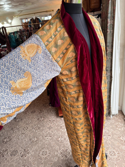 Reversible Recycled Saree and Velvet Robe House Coat - JayKayBoutiqueOnline