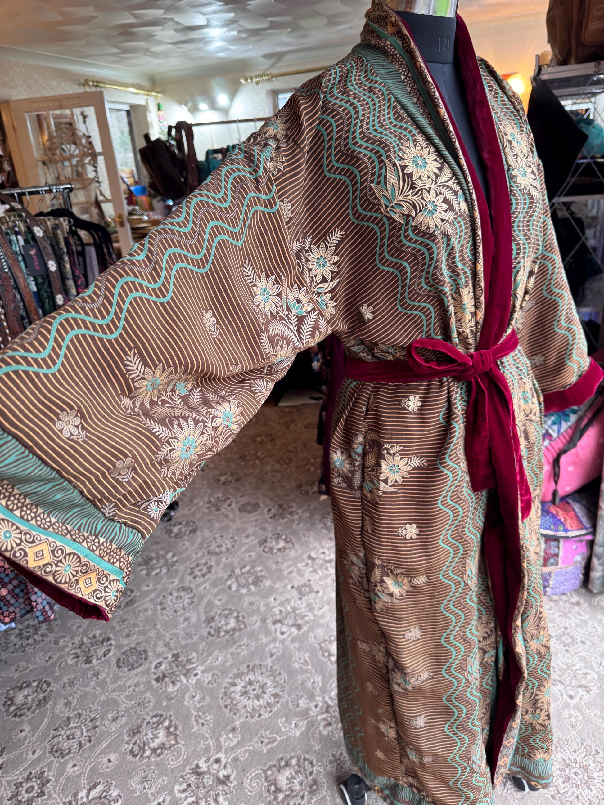 Reversible Recycled Saree and Velvet Robe House Coat - JayKayBoutiqueOnline