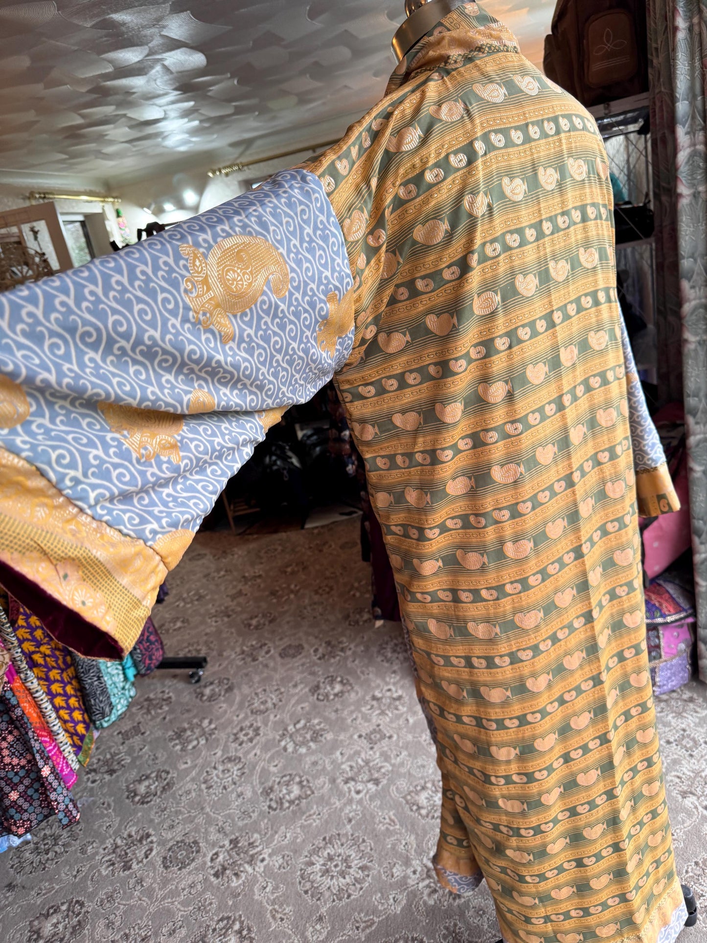 Reversible Recycled Saree and Velvet Robe House Coat - JayKayBoutiqueOnline