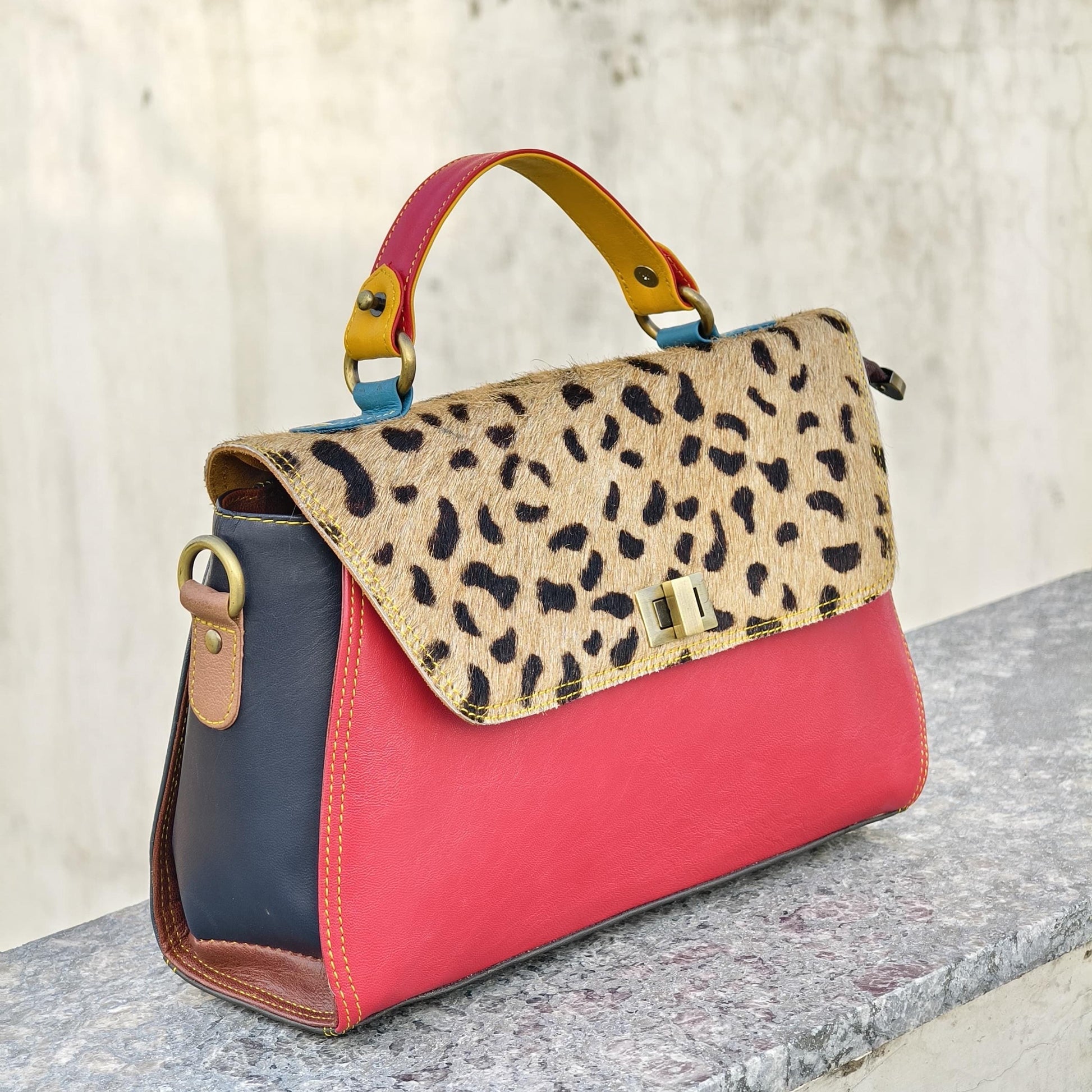 Coloured Leather Top Handle Leather Handbag with Animal Print Hide Options - JayKayBoutiqueOnline