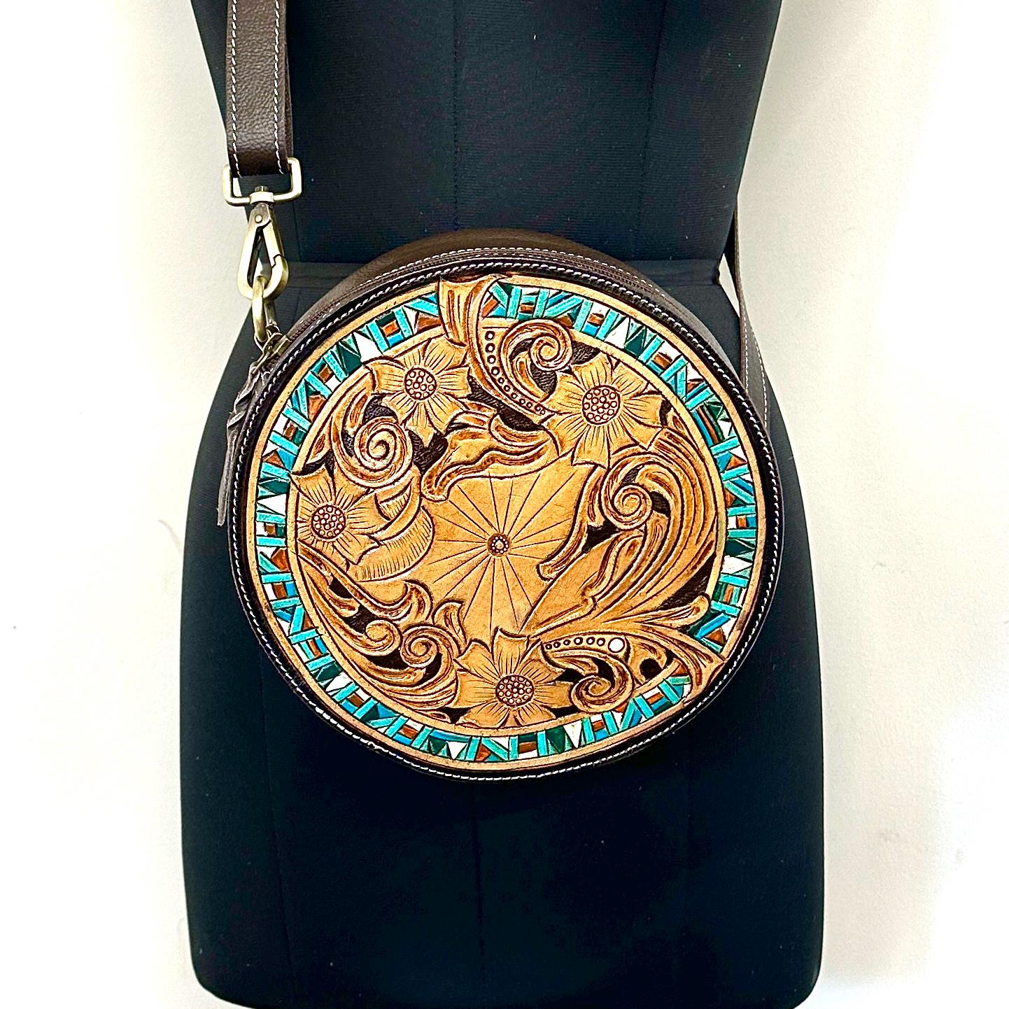 Hand Tooled Leather Round Shoulder Bag - JayKayBoutiqueOnline