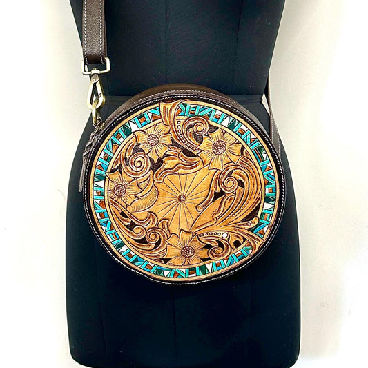 Hand Tooled Leather Round Shoulder Bag - JayKayBoutiqueOnline