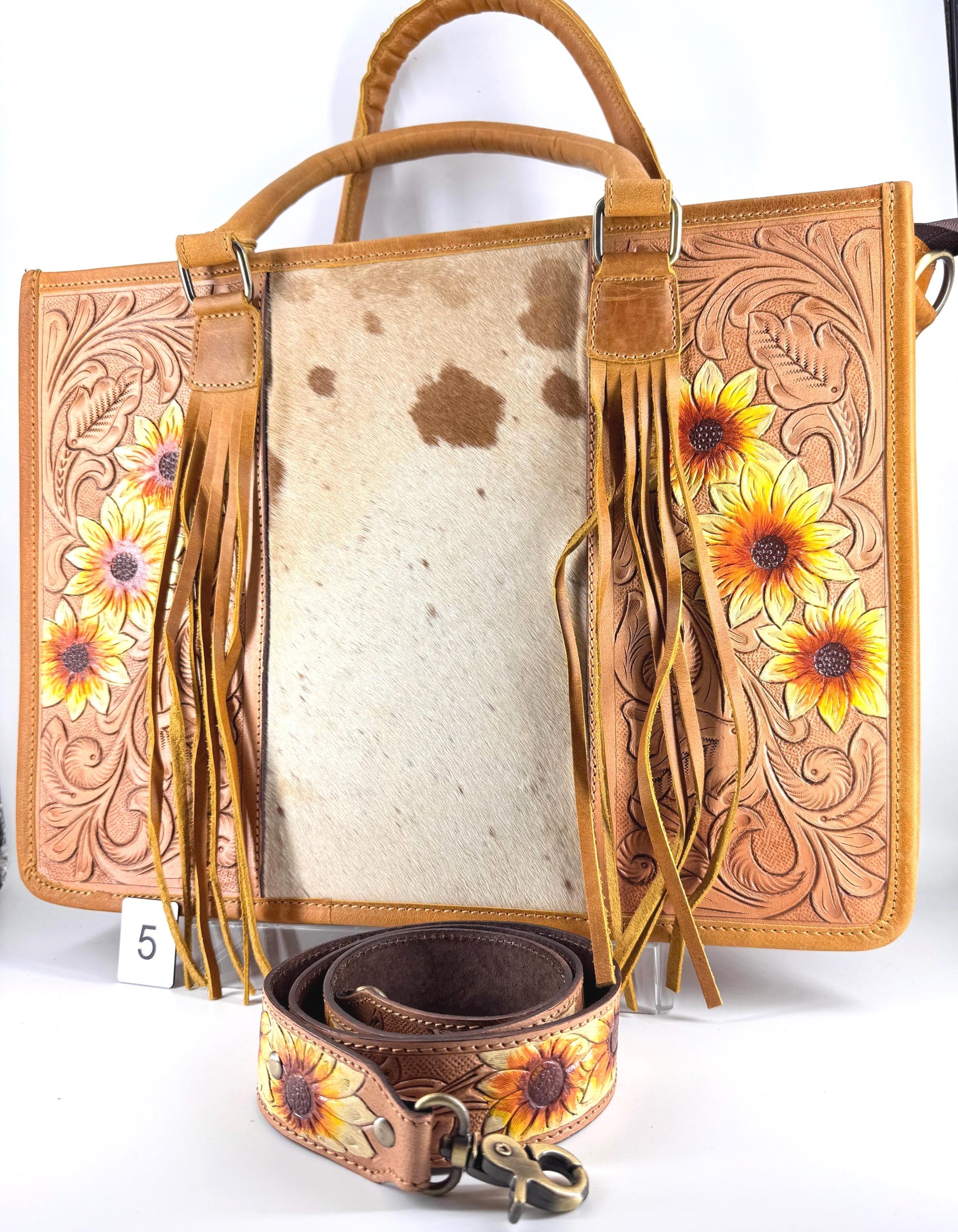 Hand Tooled Leather Tote Bag with Cowhide - JayKayBoutiqueOnline