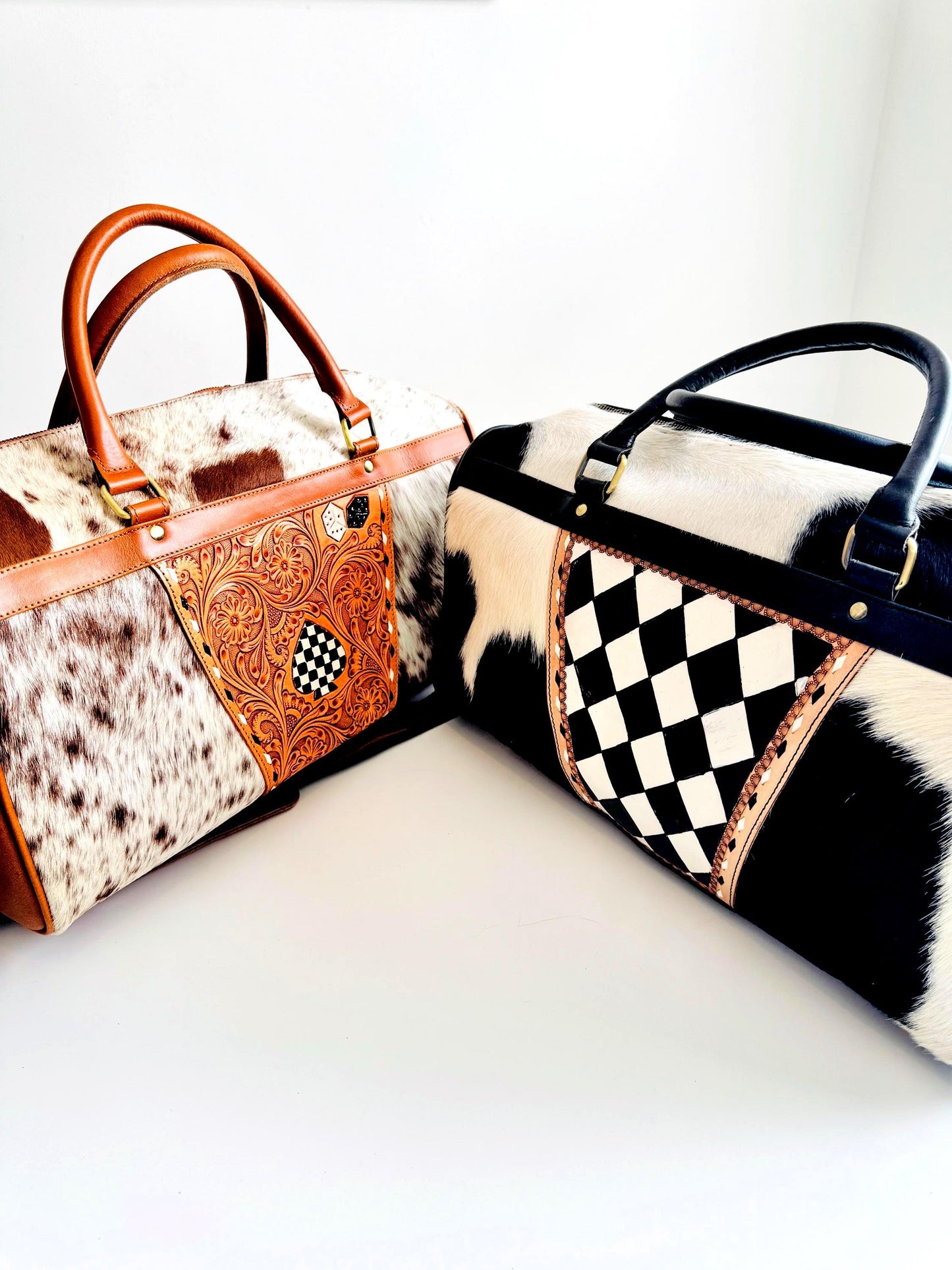 Hide & Leather Duffle Bag with Tooled Detailing in Black or Tan - JayKayBoutiqueOnline