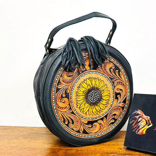 Hand Tooled Leather Sunflower Round Bag - JayKayBoutiqueOnline