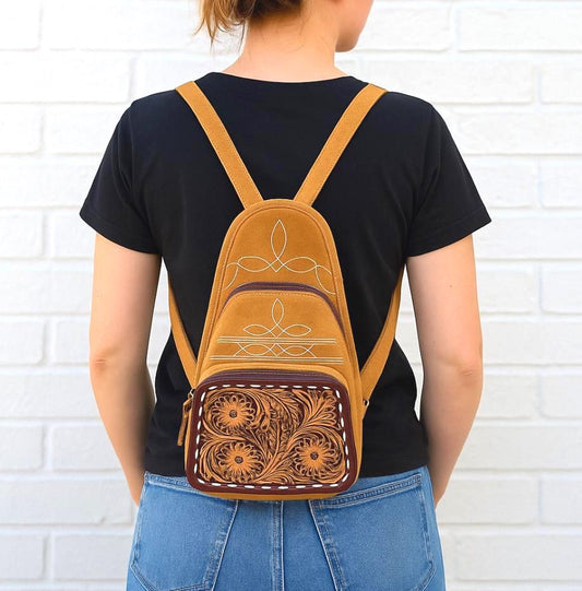 Hand Carved Leather and Suede Backpack - JayKayBoutiqueOnline