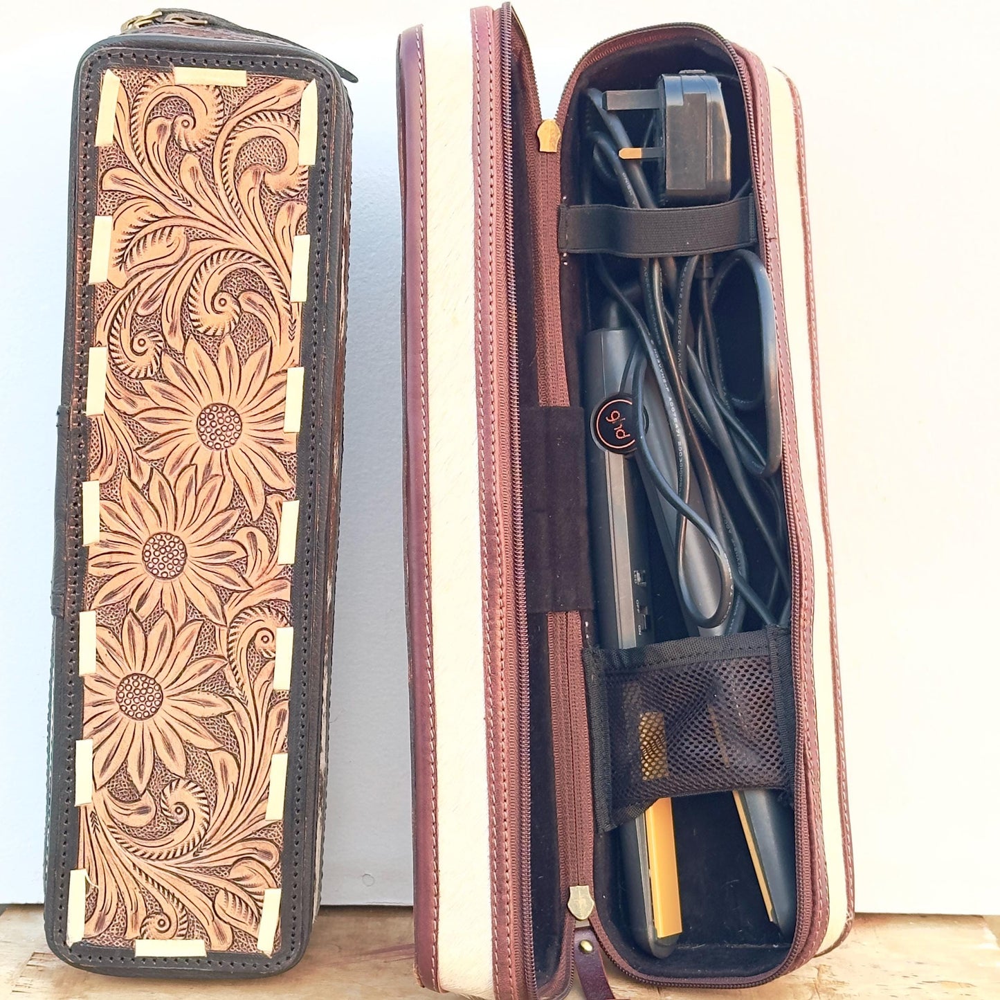 Hand Carved Leather Hair Straightener Case - JayKayBoutiqueOnline