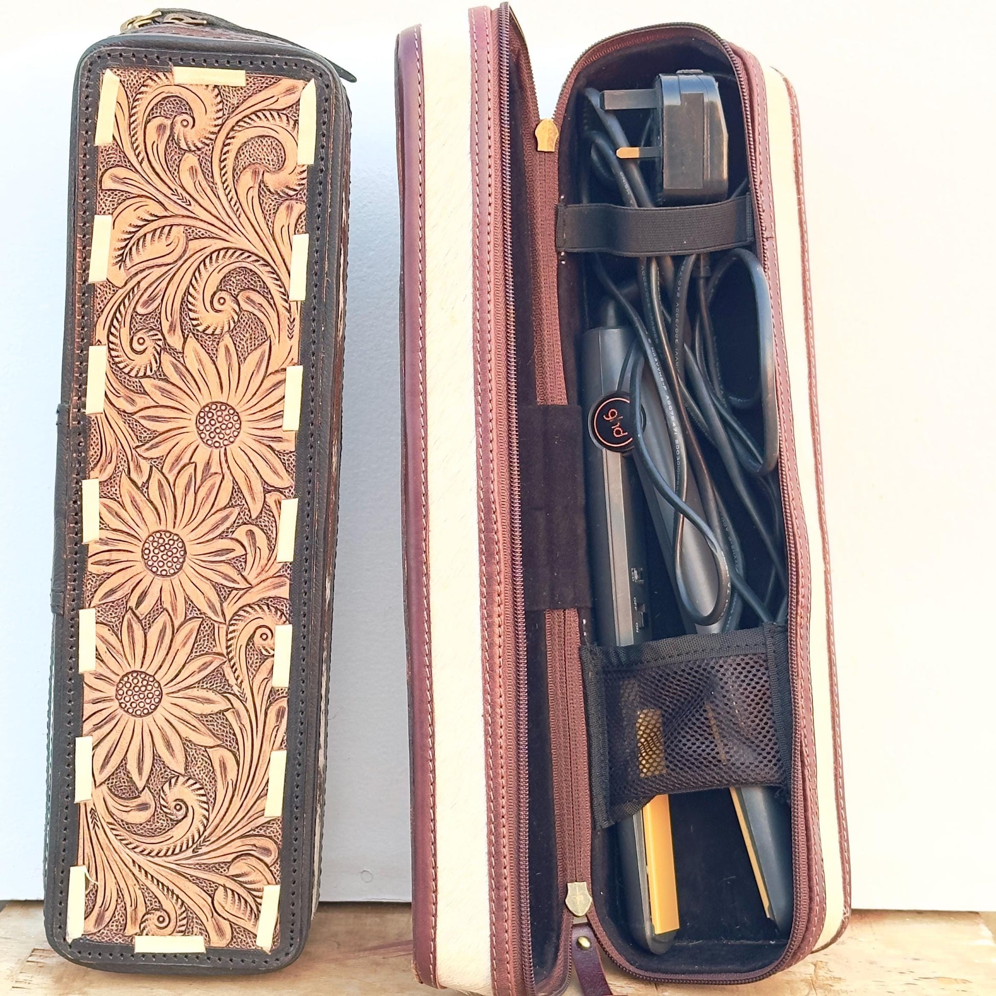 Hand Carved Leather Hair Straightener Case - JayKayBoutiqueOnline