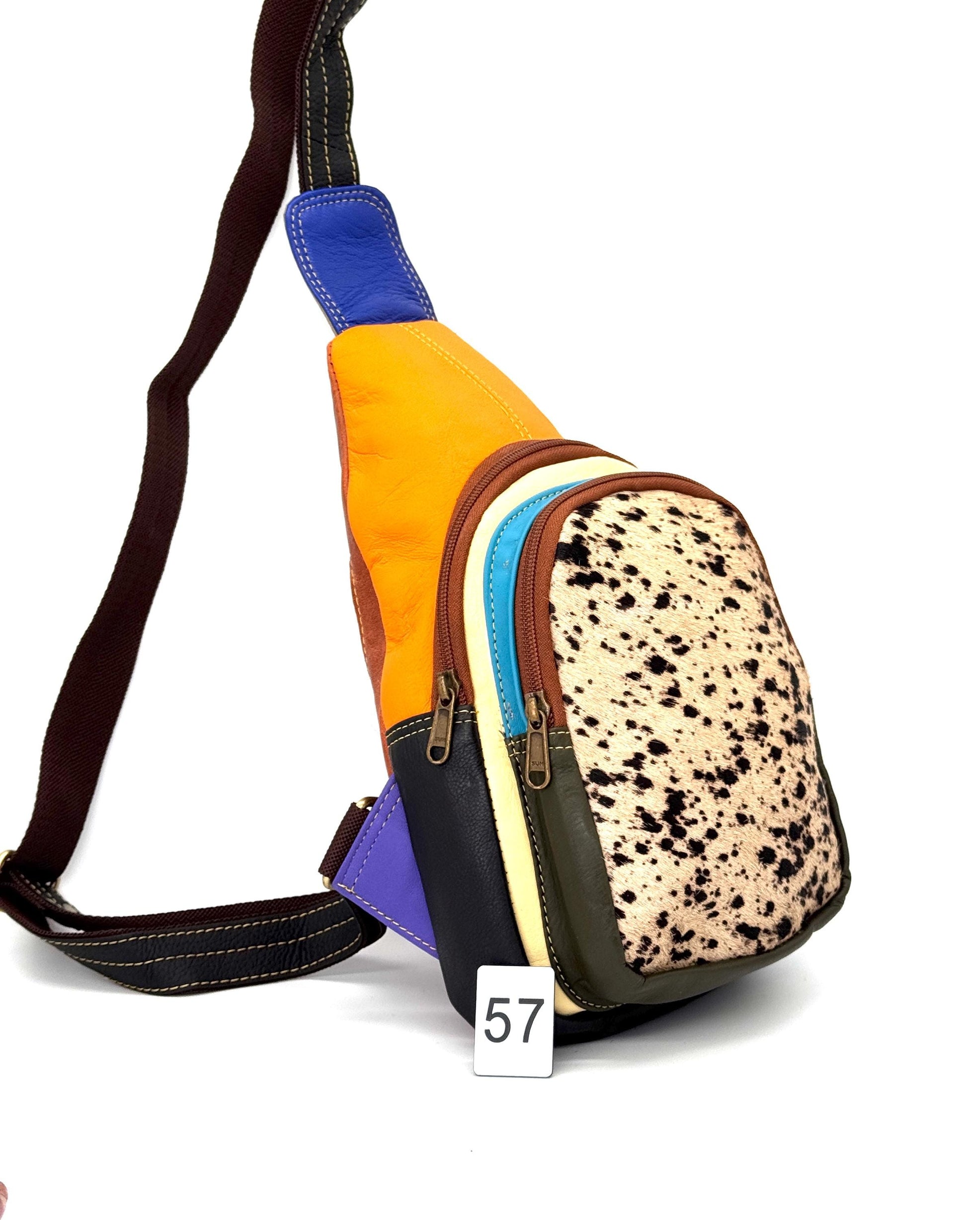 Recycled Coloured Leather Sling Bag with Cowhide - JayKayBoutiqueOnline