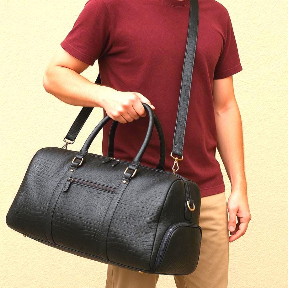 Black Cowhide Leather Duffel Bag - JayKayBoutiqueOnline