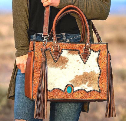 Hand Carved Leather Fringe Tote Bag - JayKayBoutiqueOnline