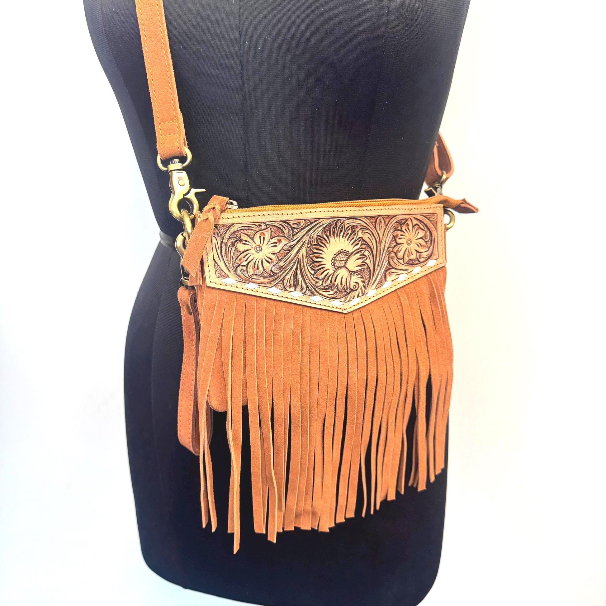 Hand Carved Leather and Suede Fringed Crossbody Wrist Clutch Bag - JayKayBoutiqueOnline