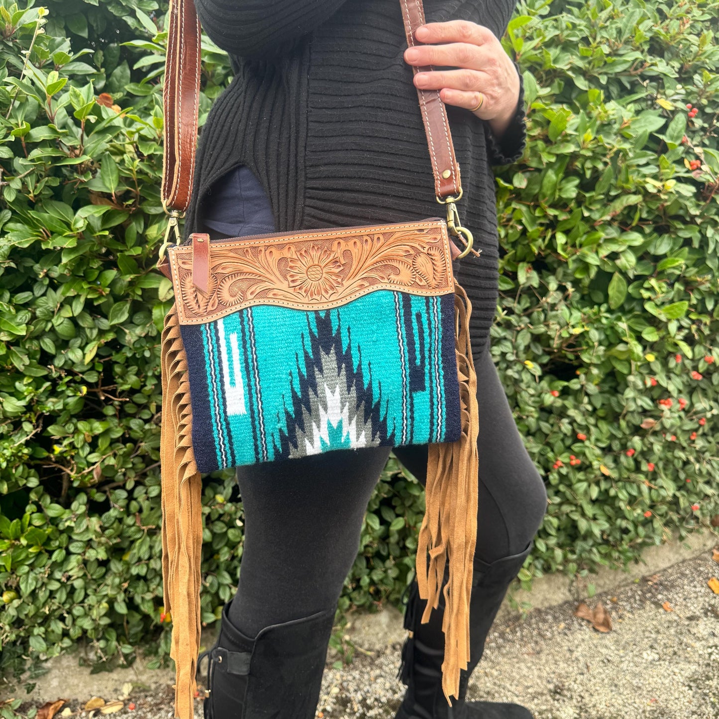 Hand Carved Leather Fringed Kilim Blanket Bag - JayKayBoutiqueOnline