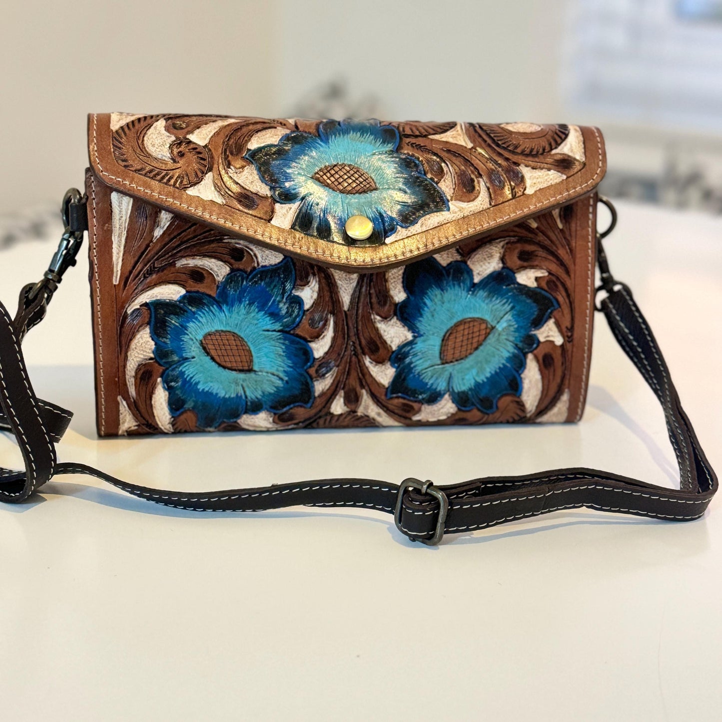 Hand Tooled Leather Crossbody Clutch - JayKayBoutiqueOnline