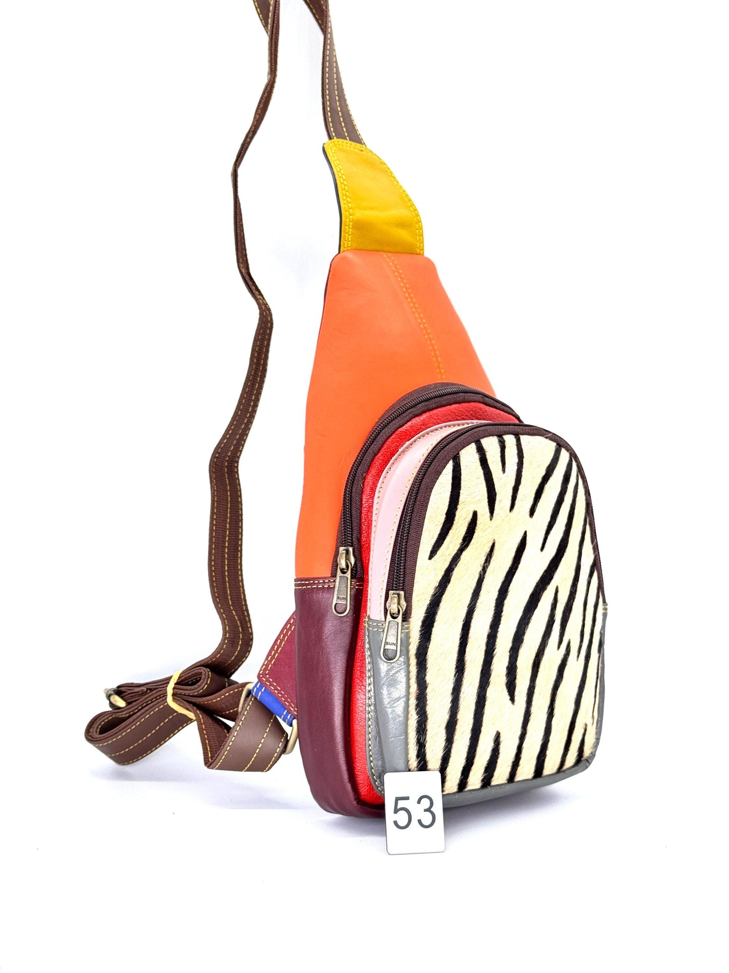 Recycled Coloured Leather Sling Bag with Cowhide - JayKayBoutiqueOnline