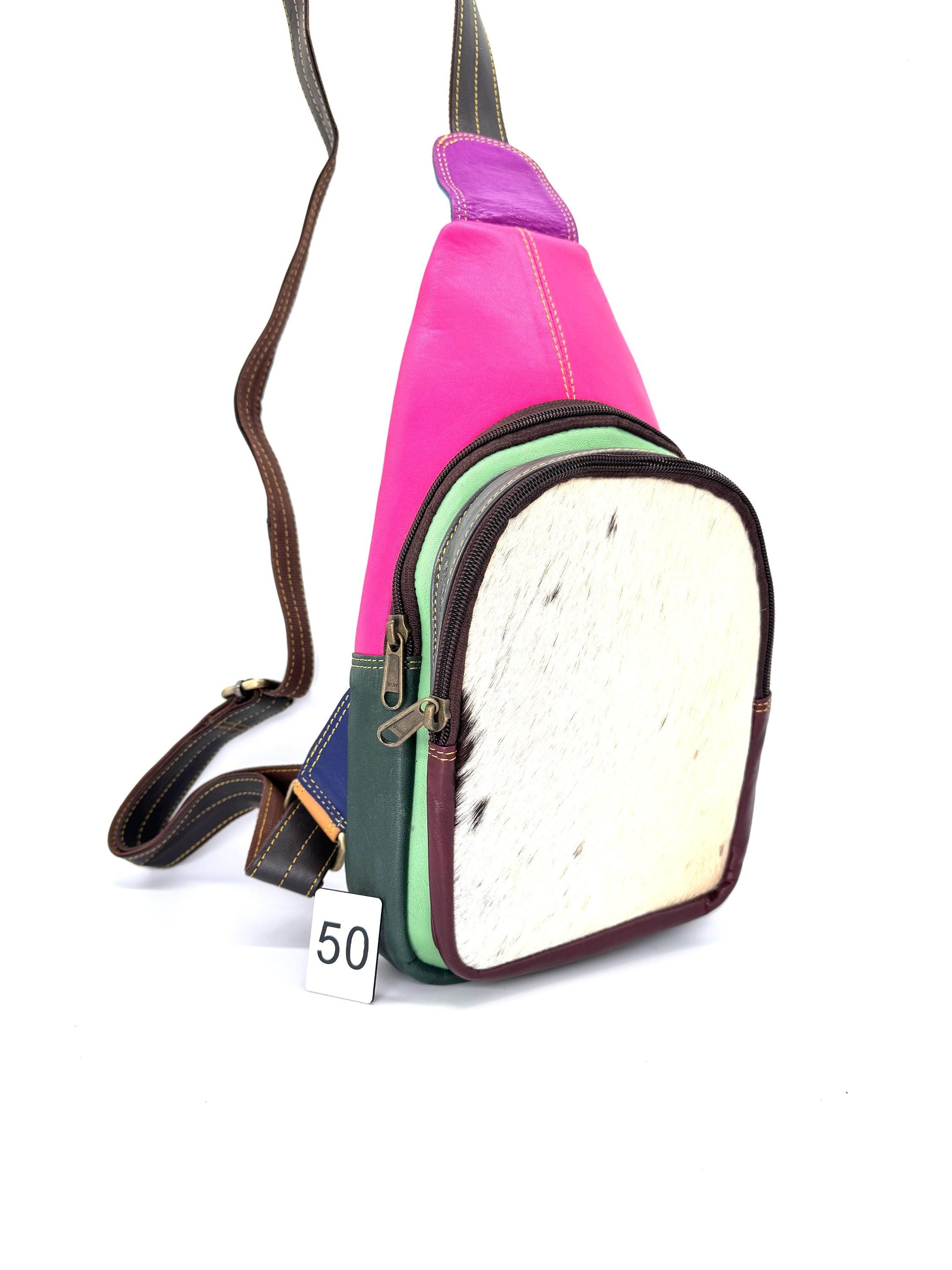 Recycled Coloured Leather Sling Bag with Cowhide - JayKayBoutiqueOnline