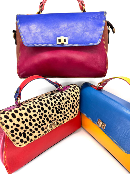 Coloured Leather Top Handle Leather Handbag with Animal Print Hide Options - JayKayBoutiqueOnline