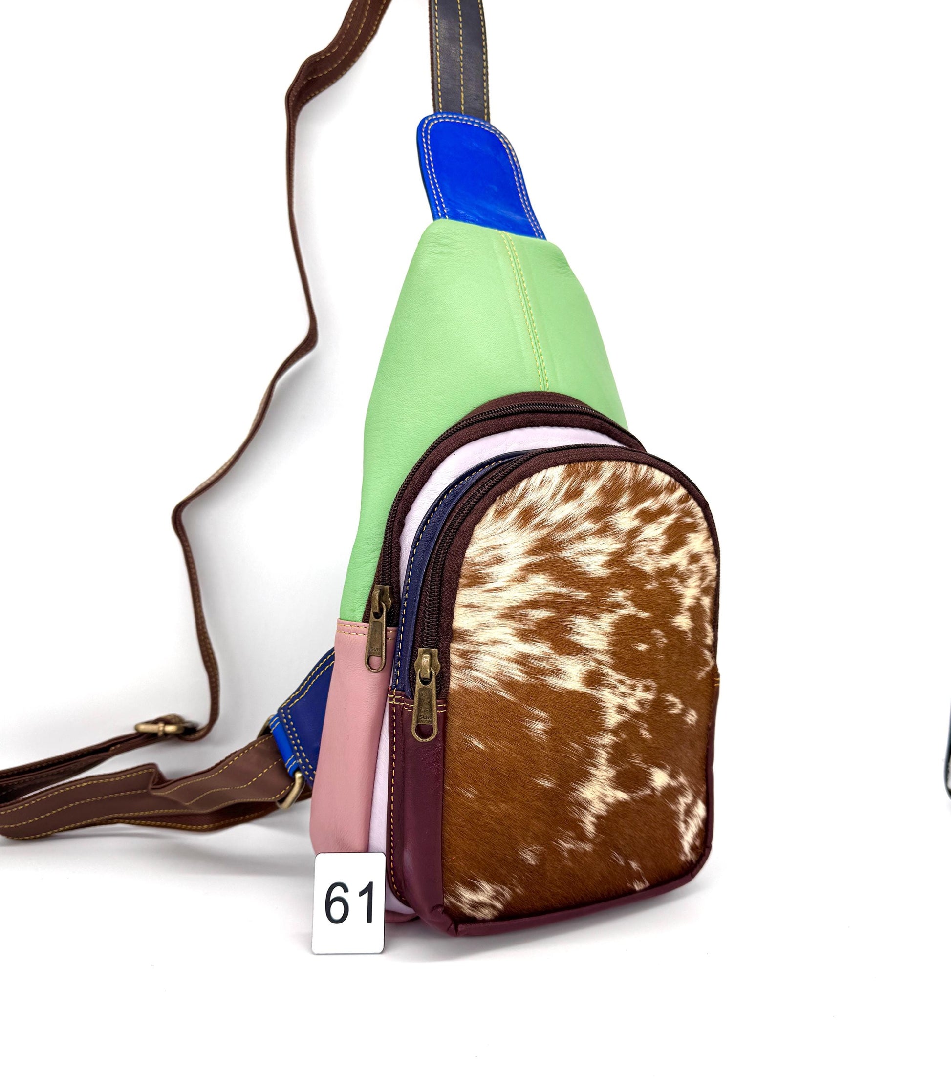 Recycled Coloured Leather Sling Bag with Cowhide - JayKayBoutiqueOnline