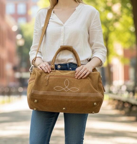 Western Boot Stitch Suede Duffle Bag - JayKayBoutiqueOnline
