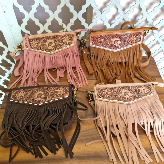 Hand Carved Leather and Suede Fringed Crossbody Wrist Clutch Bag - JayKayBoutiqueOnline