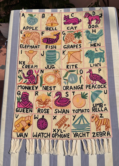 Alphabet Tapestry Pinks Pastel Nursery Wall Decor for Baby Girl in Pink and Pastels, handmade ABC wall Hanging - JayKayBoutiqueOnline