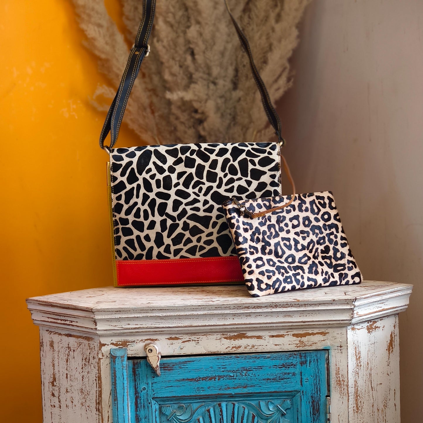 Recycled Leather Messenger Bag, Animal Print Cowhide Crossbody, iPad Tablet Satchel - JayKayBoutiqueOnline