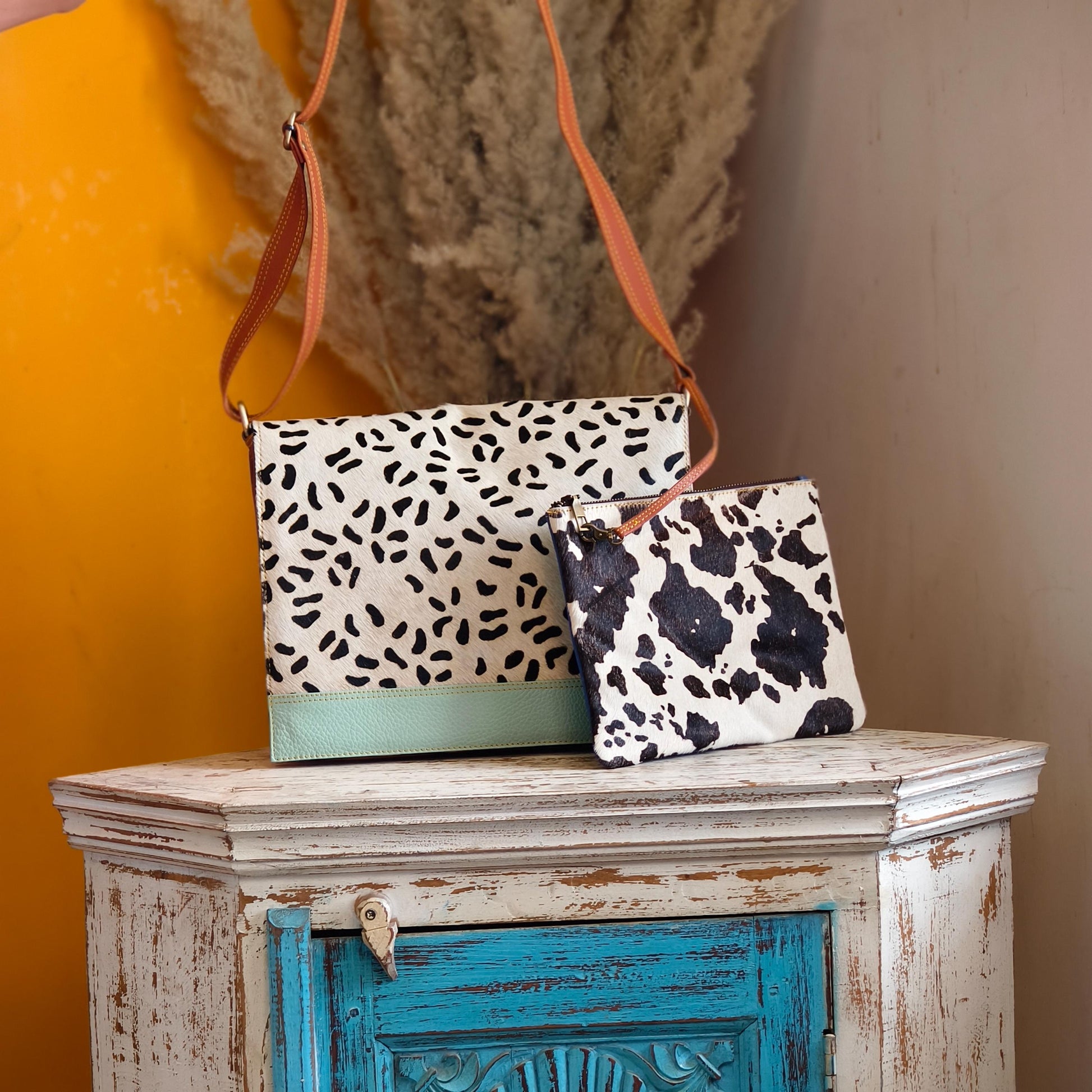 Recycled Leather Messenger Bag, Animal Print Cowhide Crossbody, iPad Tablet Satchel - JayKayBoutiqueOnline